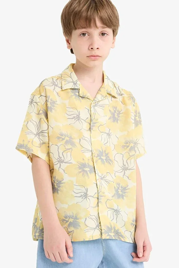 DeFacto Oversize Wide Fit Polo Neck Patterned Viscose Short Sleeve Shirt Boys F5671A825HS