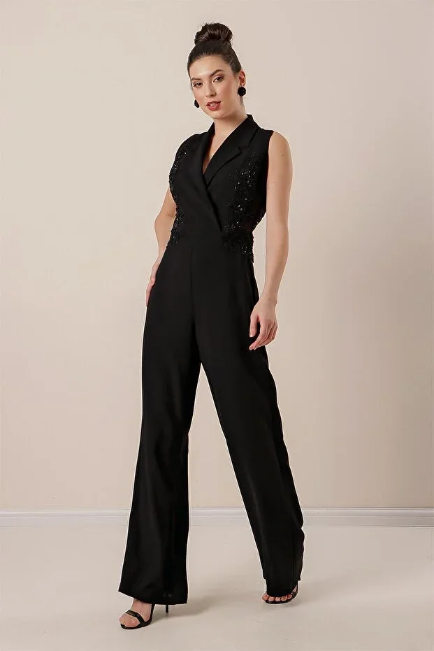 Wrap Collar Beaded and Embroidered Jumpsuit