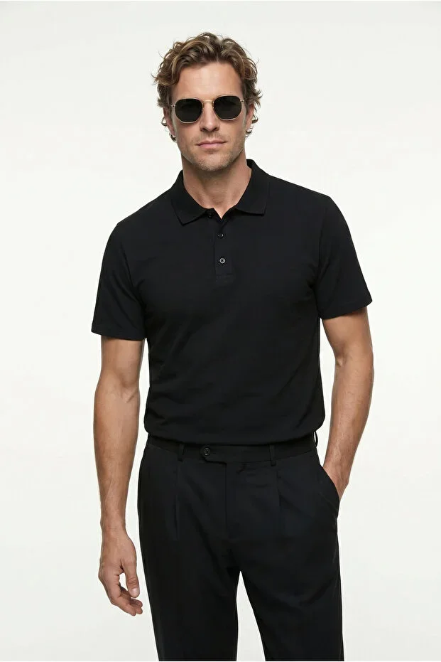 Polo Neck Regular Fit Embroidered Cotton T-Shirt