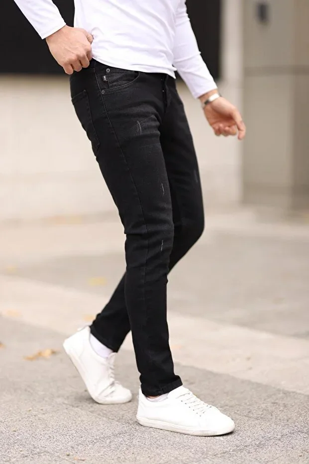 Men's Dark Black Slim Fit Narrow Cut Stretch Jean Trousers with Nail Detail