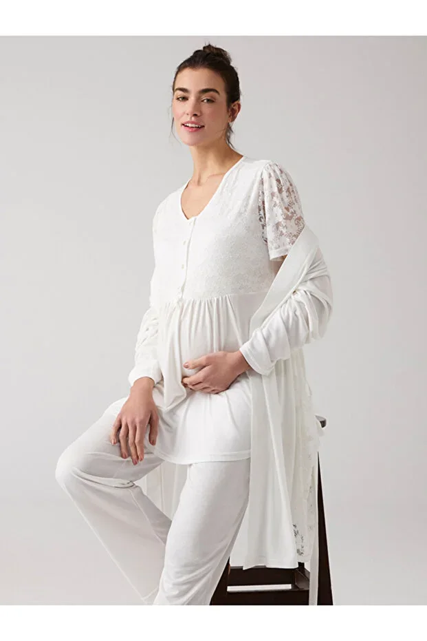 Lace Detailed Maternity Nursing 3-Piece Pajama Set