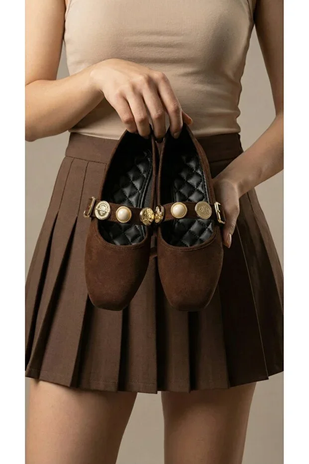 Women's Brown Coin Buckle Suede Ballerinas 1cm BYNDPT03