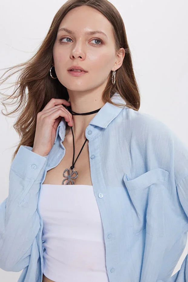 Tudors Women's Oversize Wide Fit 100% Cotton Muslin Fabric Long Sleeve Pocket Textured Blue Shirt