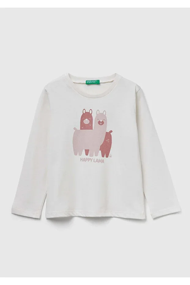 Girls Ecru Printed Ribbed Collar Regular Fit Sweatshirt