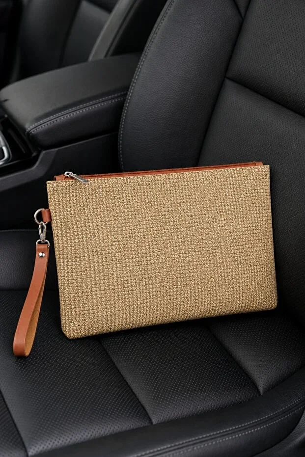 Straw Portfolio Handbag Wrist Strap Saten Lined Straw Look Clutch Bag