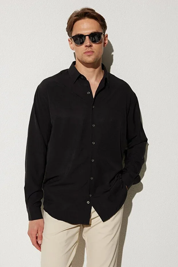 Oversize Seasonal Linen Textured Loose Fit Long Sleeve Casual Men's Black Shirt