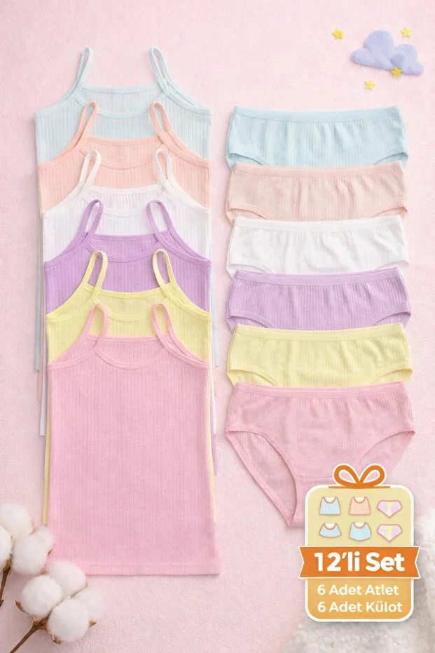 Girls 12-Piece Undershirt Panty Set 6 Undershirts + 6 Panties Soft Cotton Set