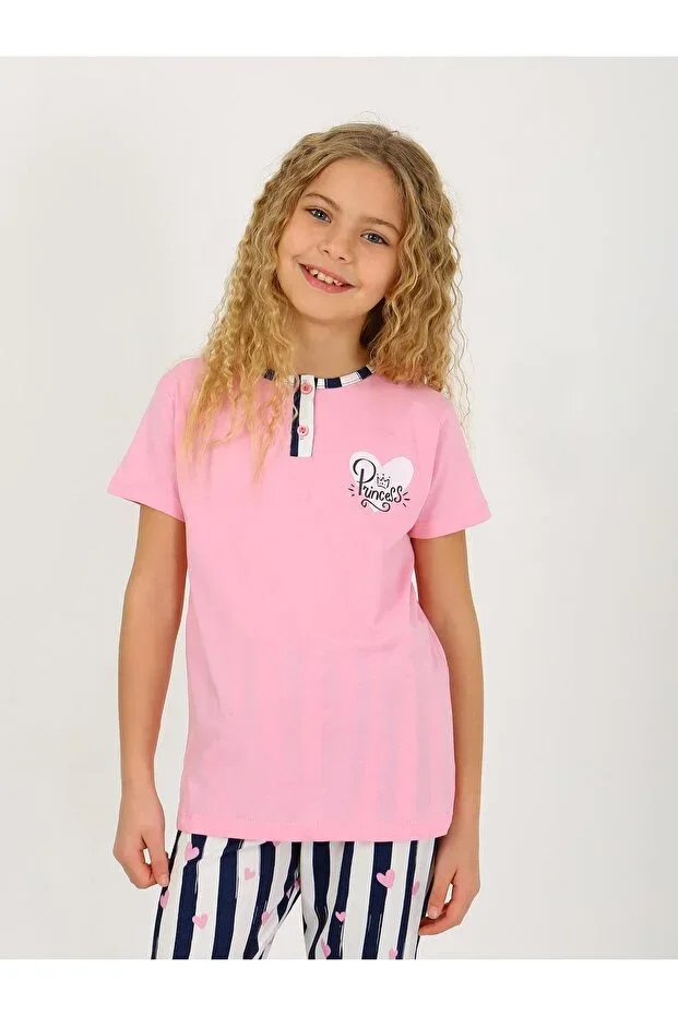 Girls' Short Sleeve Button Detail 100% Cotton Pajama Set Princess Heart
