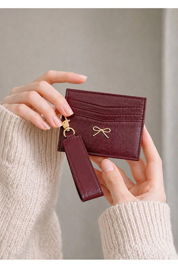 Burgundy Leather Cardholder – Minimal Women's Card Wallet with Strap