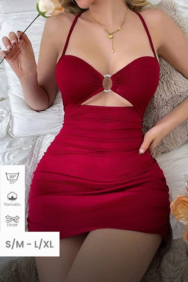 Women's Burgundy Draped Neckline Stone Ring Detailed Chic Mini Nightgown