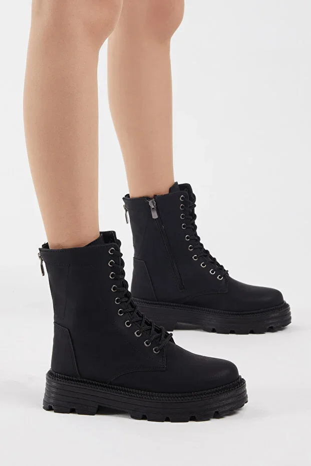 Women's Black Leather Zipper Detail Comfortable Fit Lace-up Boots