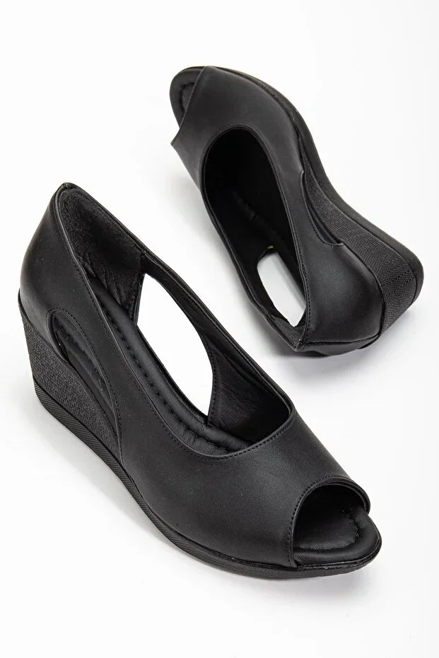Dilimler Ayakkabı Platform Sole Open Toe Faux Leather Black Women's Platform Heel Shoes