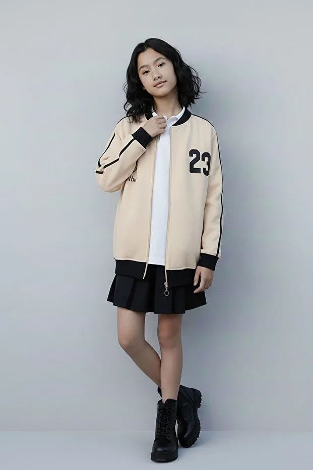 Bej Beautifull Print Striped Sleeve Girl's College Cardigan 21195