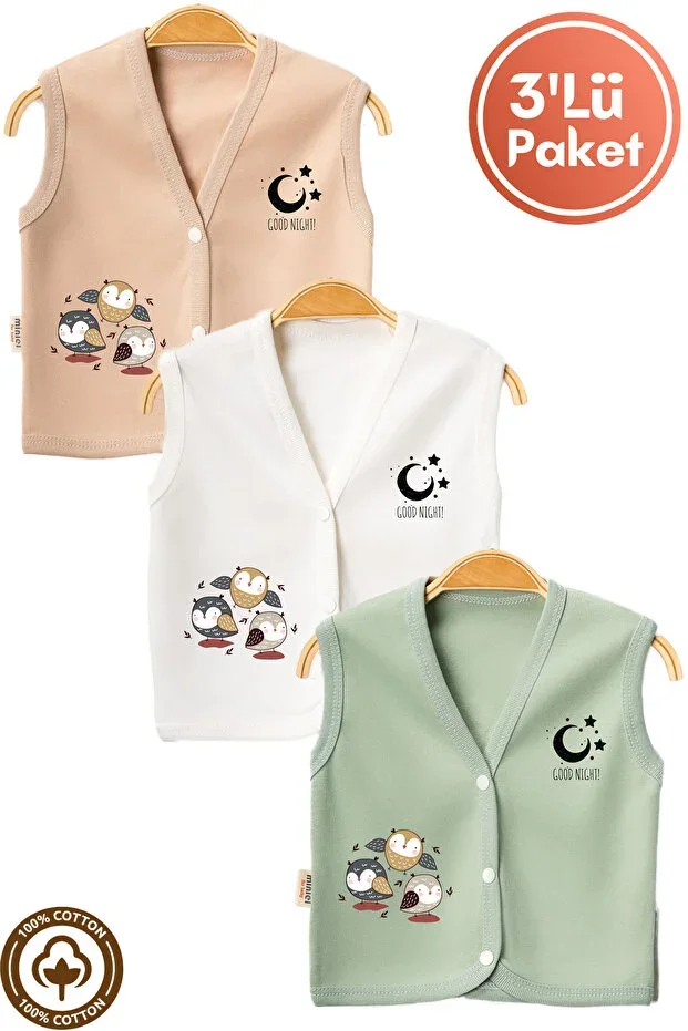 Unisex Baby Owl Print Organic Cotton 3-6-9 Months 3-Piece Jersey Baby Vest Set