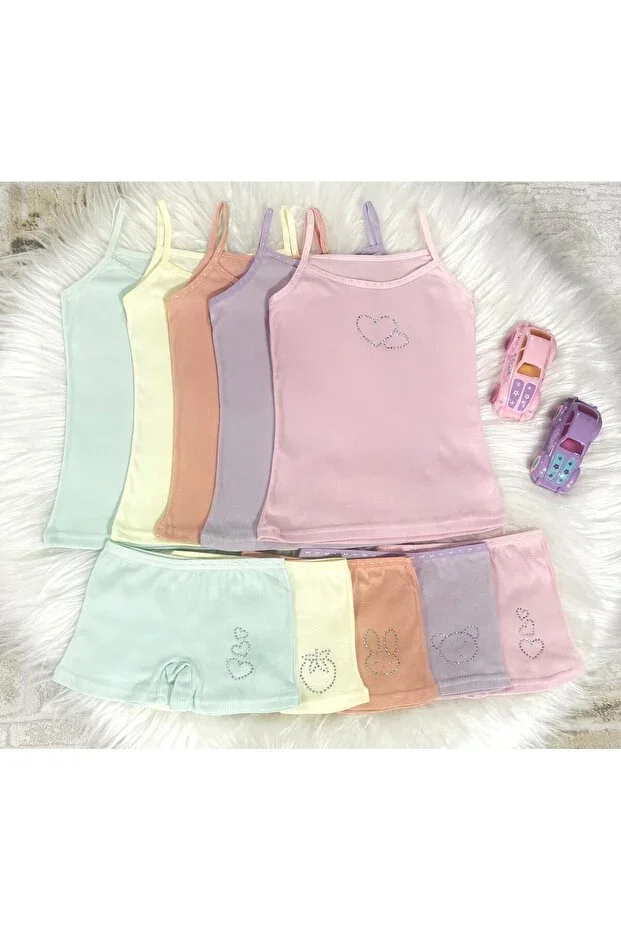Girls Cotton Stone Printed Undershirt Boxer 5-Piece Set