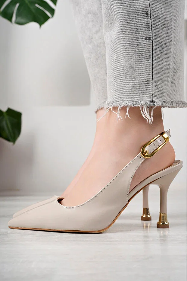 Women's Beige Patent Leather Buckled Pointed Chic Heeled Stiletto Shoes