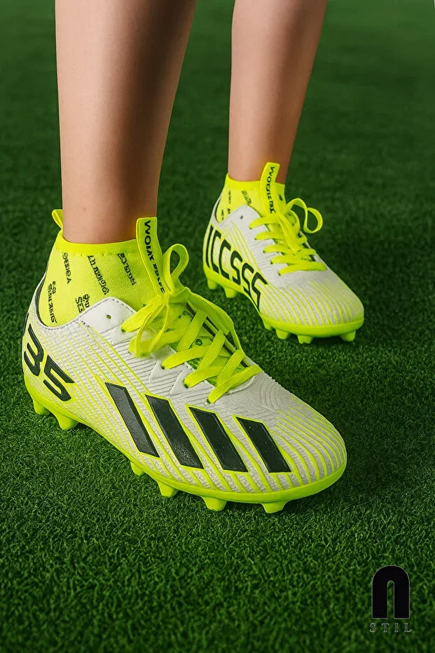 Men's Kids White Yellow Artificial Turf Cleats Football Shoes with Socks F35kr