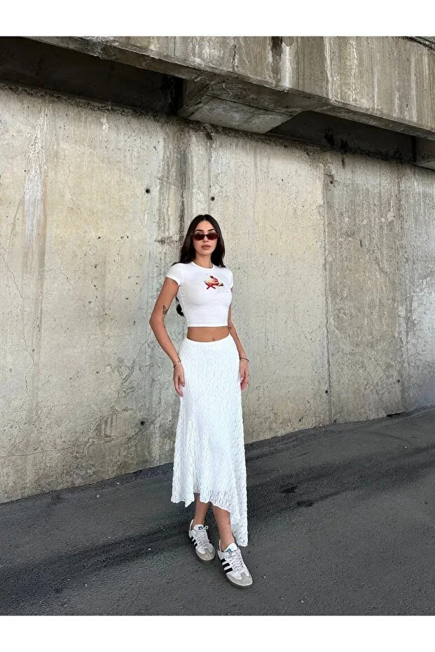 ELBEY Women's White Asymmetric Cut Lined Lace Skirt HZL25S-ZK13571