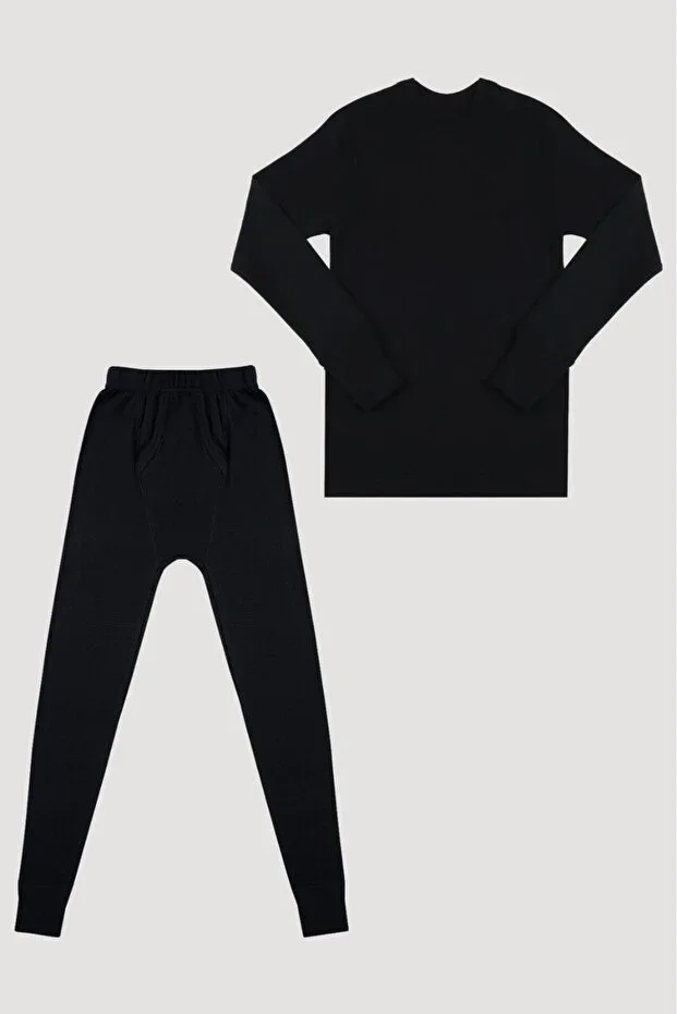 Kids Top Bottom Black Thermal Set 100% Cotton 1038/2272