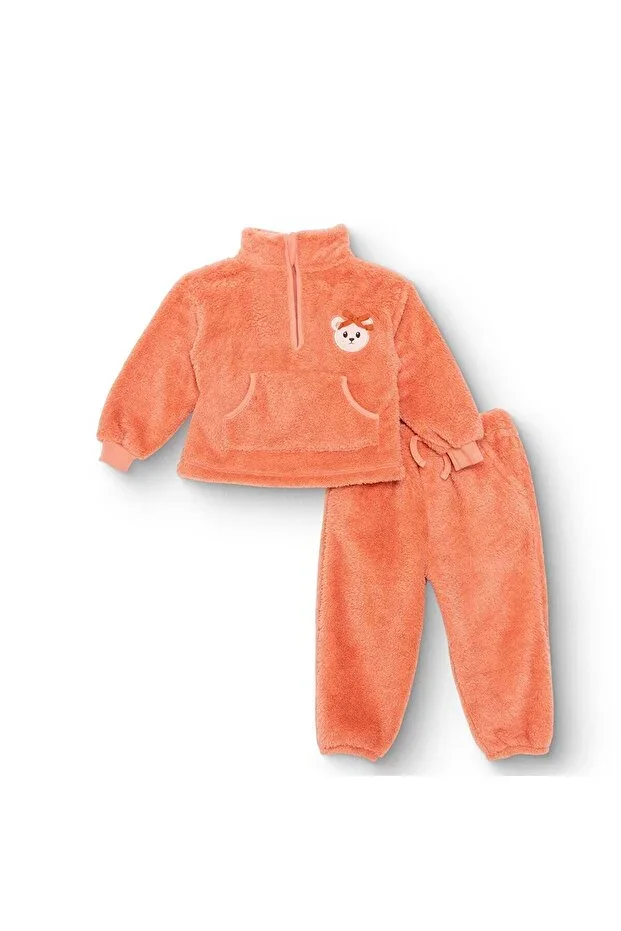 HelloBaby Girls' Tracksuit Bear Print Zippered Stand-up Collar Long Sleeve Elastic Waistband