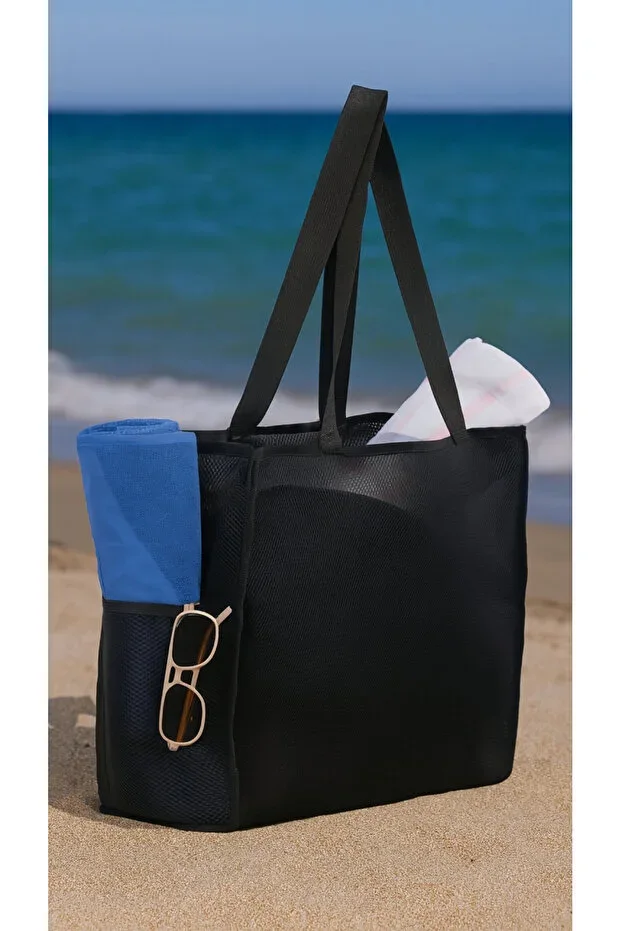 Large Size Sand-Free Black Mesh Beach Bag and Shopping Bag