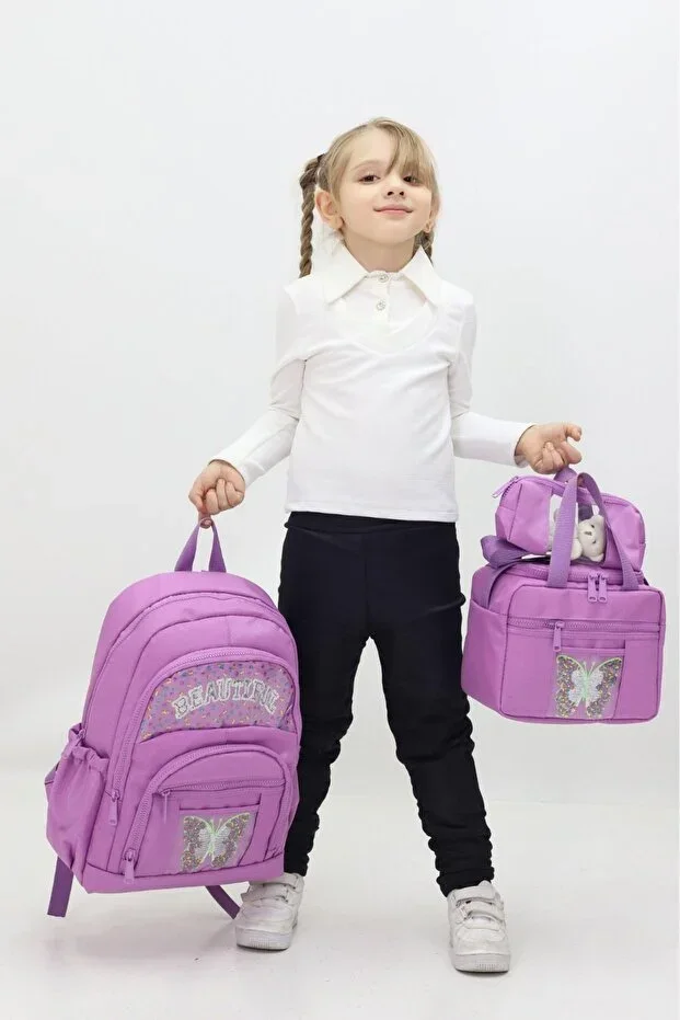 Butterfly Themed Girls' 3-Piece School Bag Set - Backpack + Thermal Lunch Bag + Pencil Case