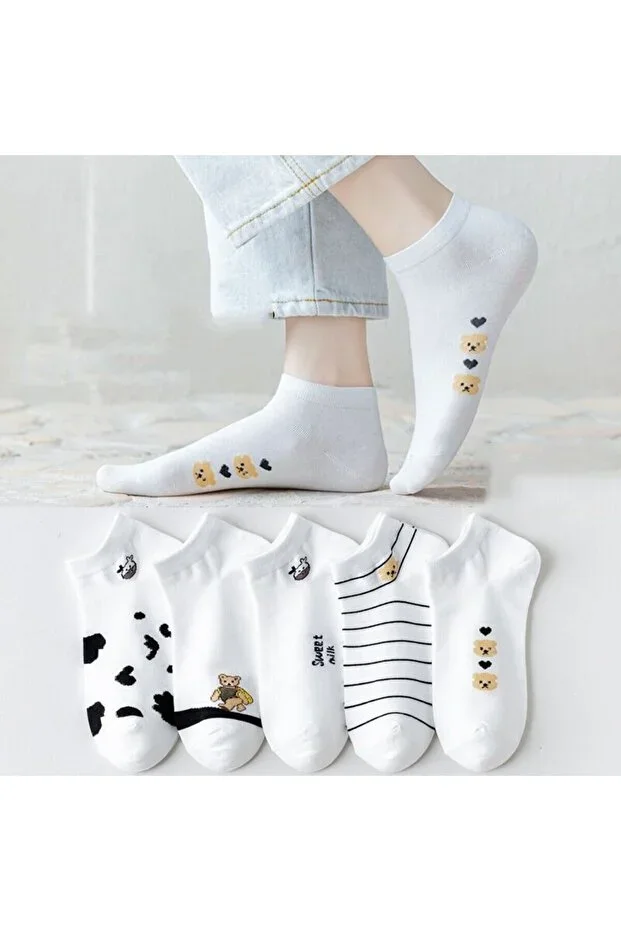 5 Pairs Panda / Cow Pattern White Patterned Women's Ankle Socks