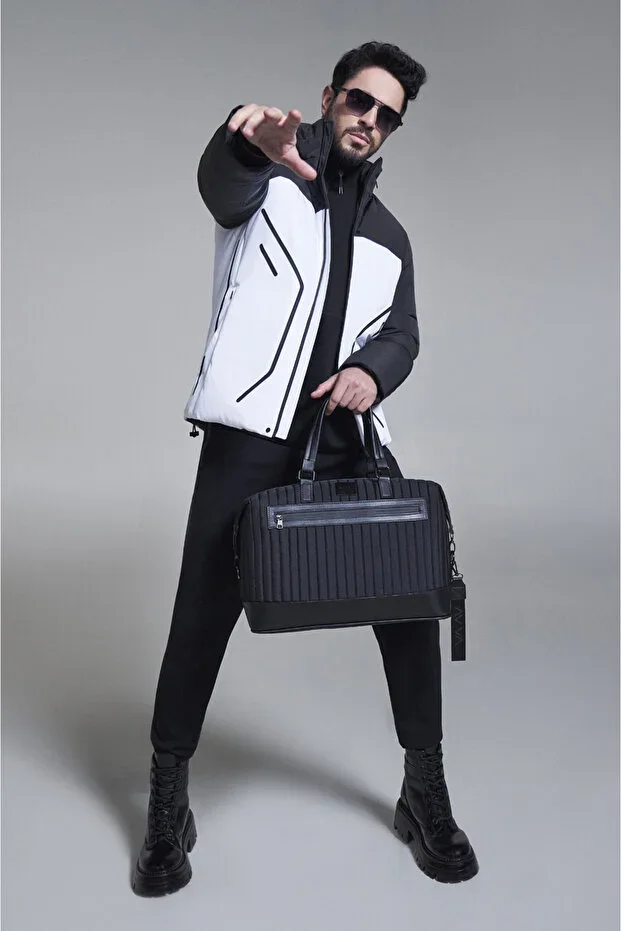 Men's Black-White Stand-up Collar Flex Print Water Repellent Fabric Hidden Hooded Jacket A32Y6045