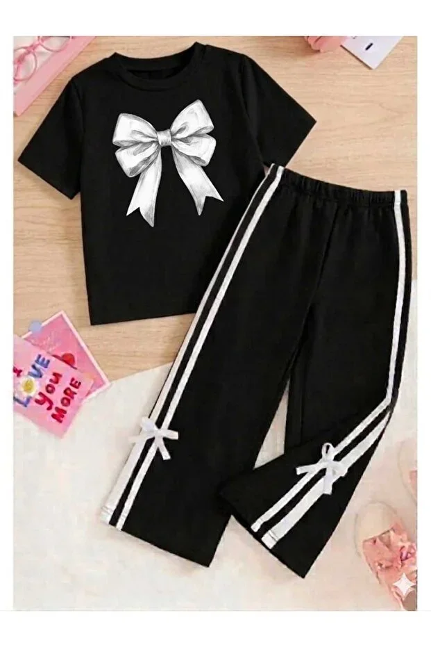 Girl's T-shirt and Sweatpants 2-Piece Set with Bow and Stripe Detail