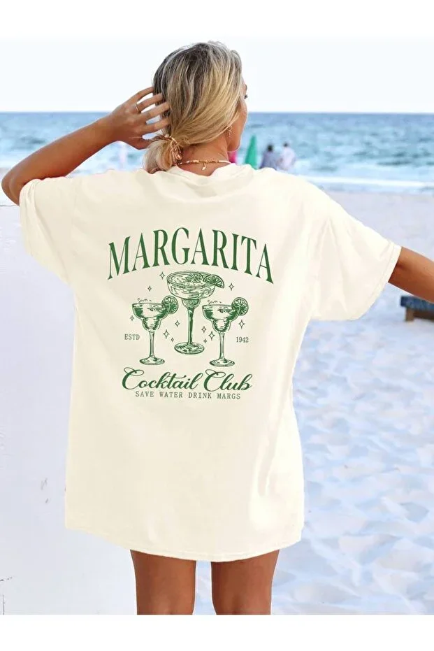 White Cocktail Print Beach Holiday Casual Oversize Women's