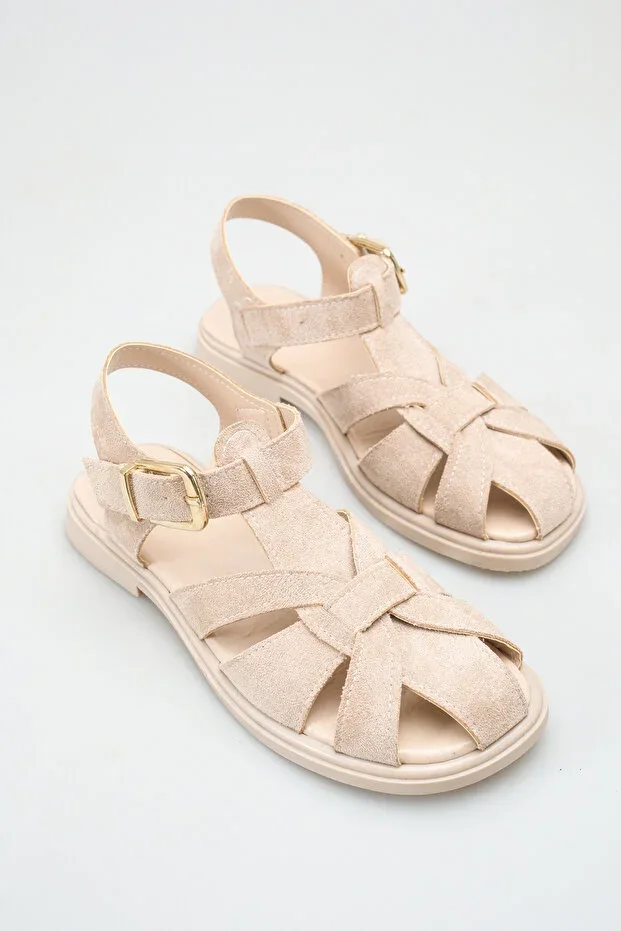 Women's Nude Suede Buckle Detail Flat Sole Sandals