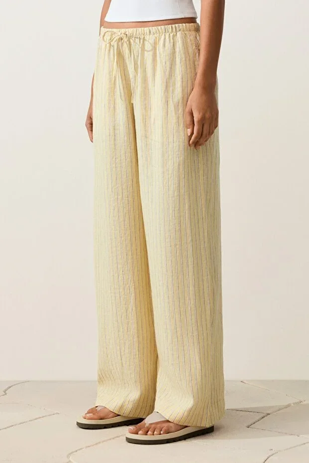 Oysho 100% Linen Striped Straight Trousers
