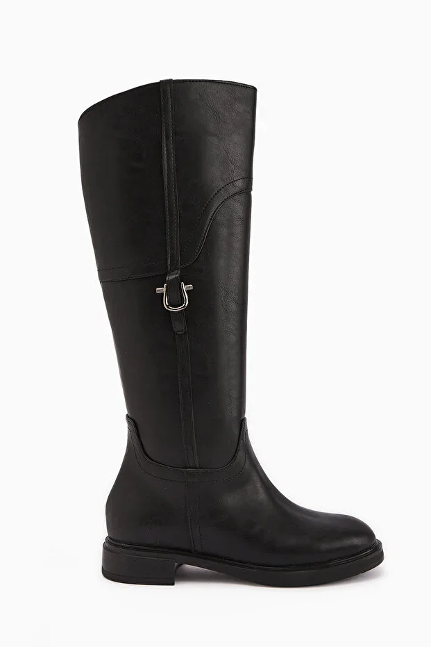 Caterine Black Buckle Detailed Short Heeled Women's Boot