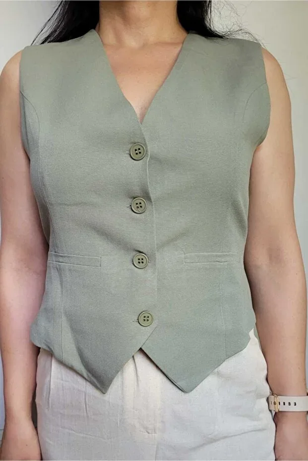 Women's Lined Stylish Linen Vest - Khaki