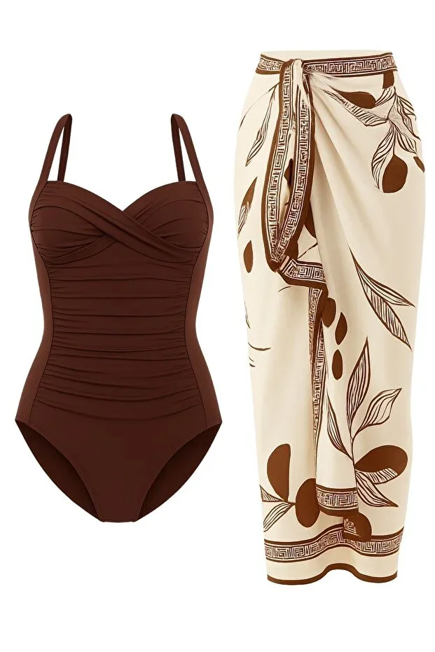French Inspired Tummy Control Draping Swimsuit Pareo 2-Piece Set Adjustable Straps, Chic and Slimming Effect
