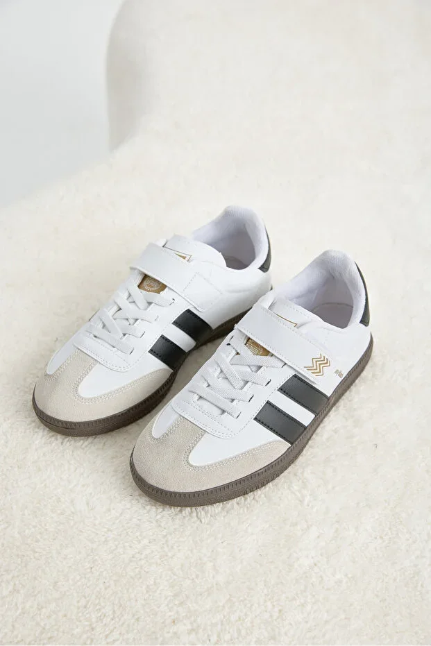 Children Unisex White Black Thermo Sole Striped Velcro Laced Sneaker
