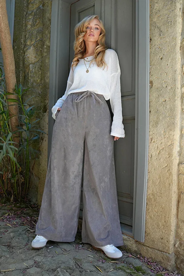 Women's Grey Double Pocket Tie-Detail Wide Leg Velvet Pants ALC-X14569