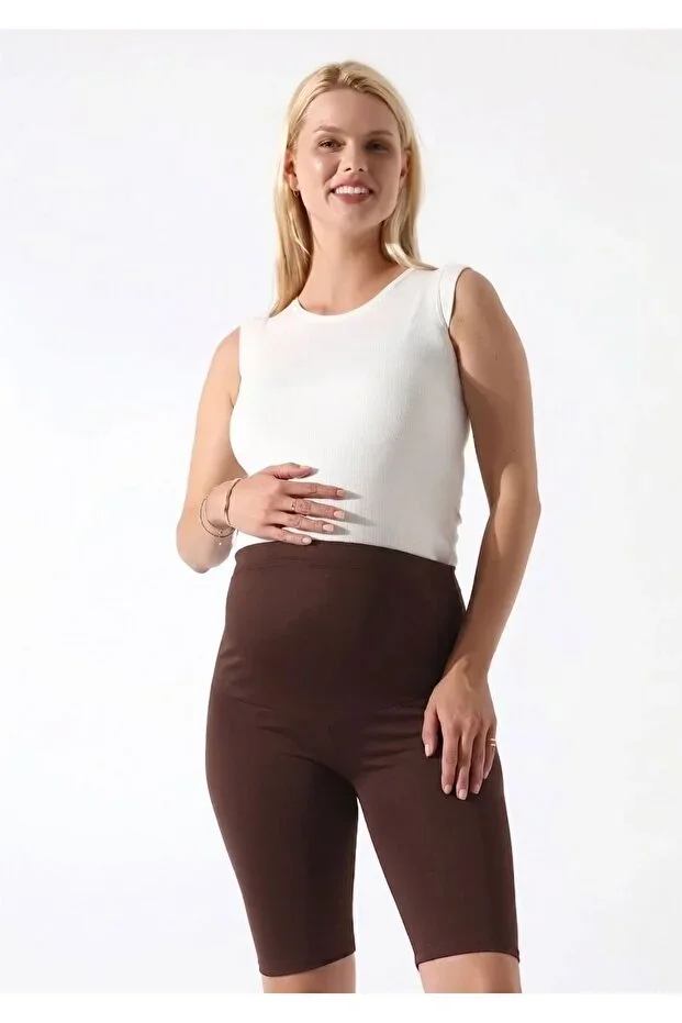 Women's Brown Scuba Knee-Length Biker Tights High Waist Adjustable & Stretchy Maternity Tights