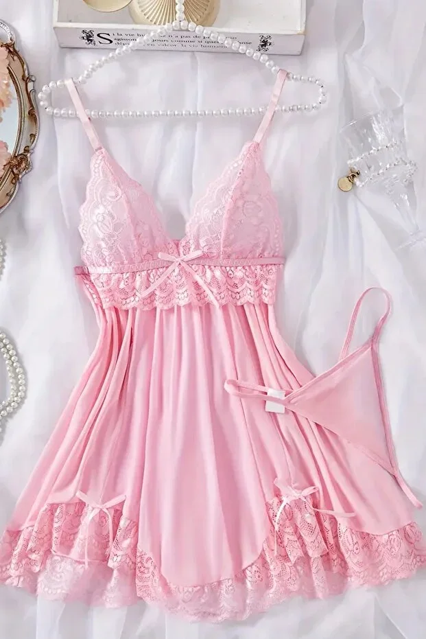 Lace Strap Soft Thong and Nightgown Set