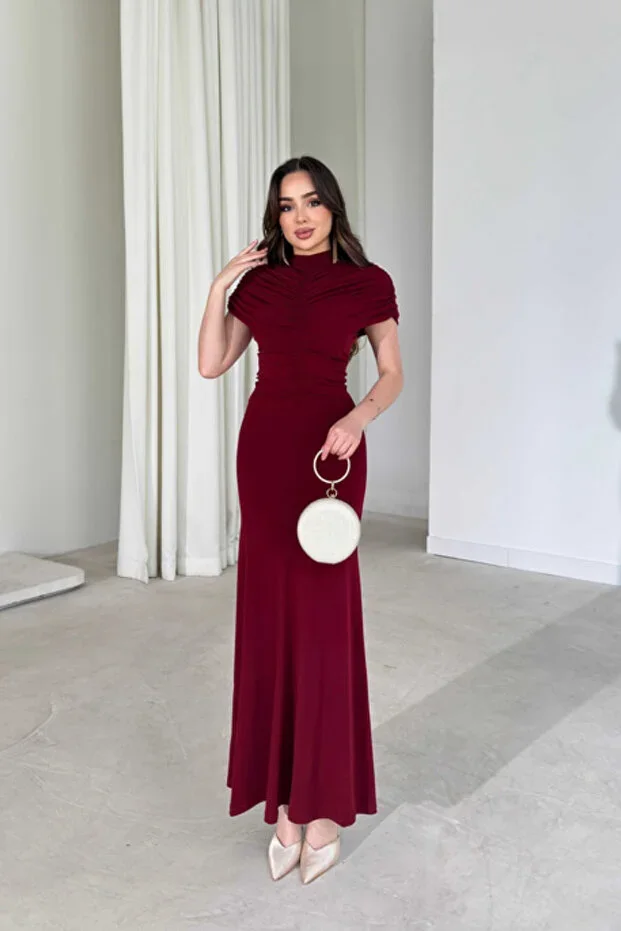 MİROR Women's Burgundy Draped High Neck Fish Model Maxi Dress