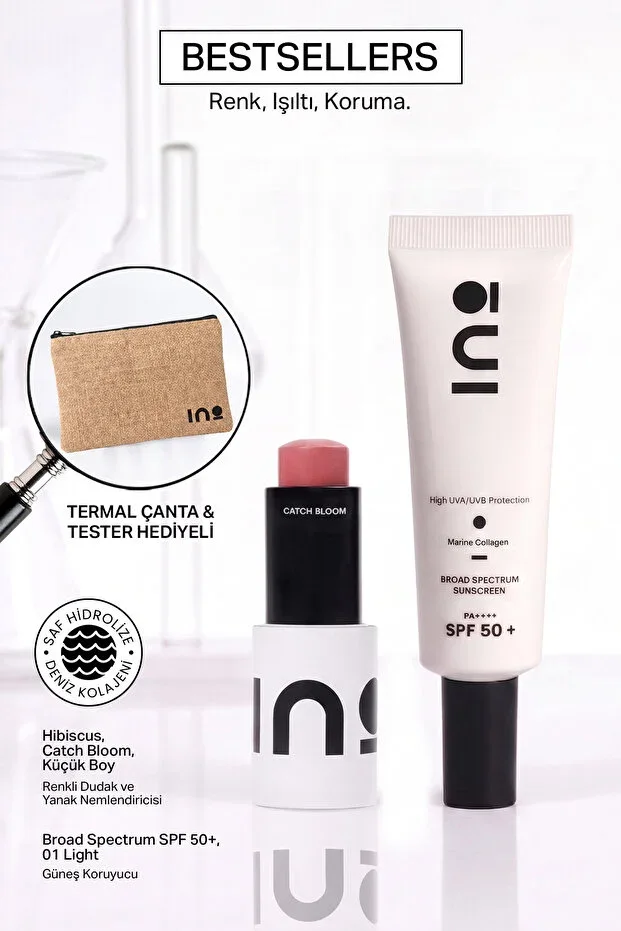 Bestseller Set with Thermal Bag, Moisturizing Sunscreen SPF+50 01 LIGHT Skin Tone Equalizer (Pure Collagen) + Hibiscus - Stick Lipstick & Blush 4.5Gr + Thermal Bag