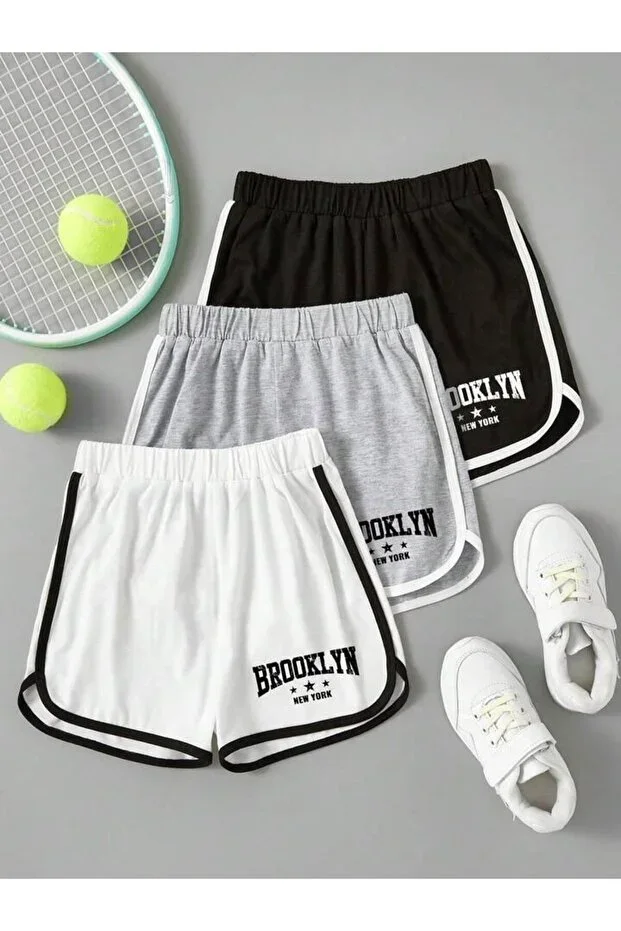 Girls 3-Pack Striped Brooklyn New York Print Black-White-Grey Shorts