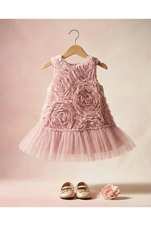 Girl Baby Dress Evening Gown 3D Rose Detailed Tulle Hem (TAKE ONE SIZE LARGER)