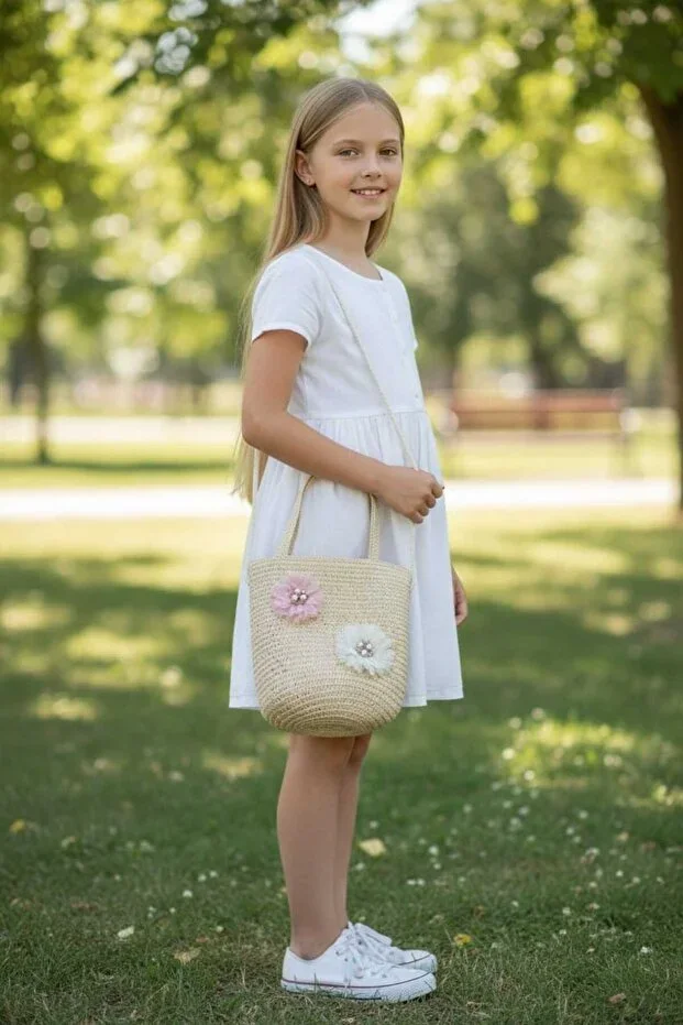 Girls' Crossbody Straw Bag with Accessory