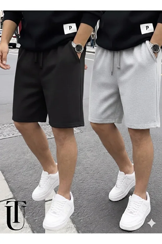 2-Piece Shorts Men (Black-Gray) Basic Summer Shorts Set - Above Knee Comfortable Fit 2-Piece Economic Pack