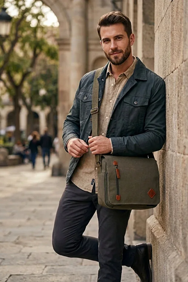 GK61 Canvas (cotton) POSTMAN BAG MULTI-COMPARTMENT UNIVERSITY SHOULDER BAG MACBOOK TABLET BAG KHAKI