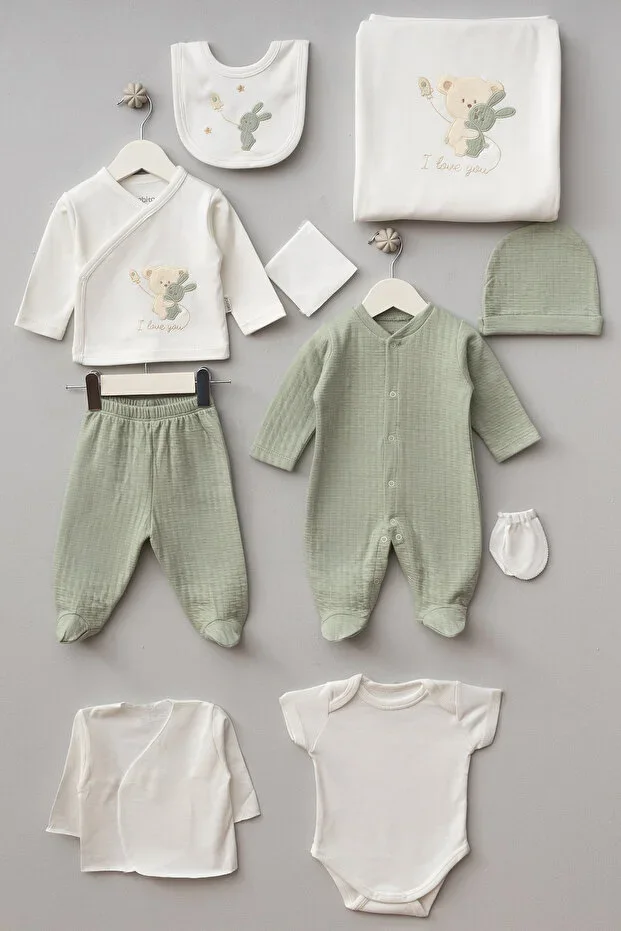 Wrapped Teddy Bear Patterned 10 Piece Boxed Newborn Hospital Exit Bodysuit Set