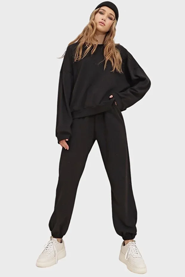 Women Black Crew Neck Elastic Waist and Hem Two Thread Basic Tracksuit ALC-507-669-001