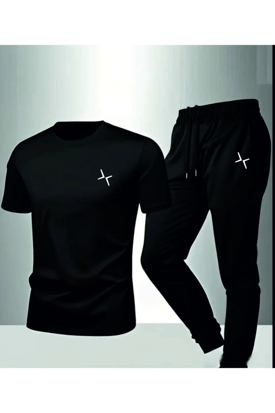 Logo White Print Top Zero Collar T-shirt And Black Tracksuit Set