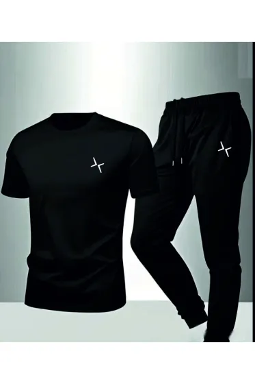 Logo White Print Top Zero Collar T-shirt And Black Tracksuit Set